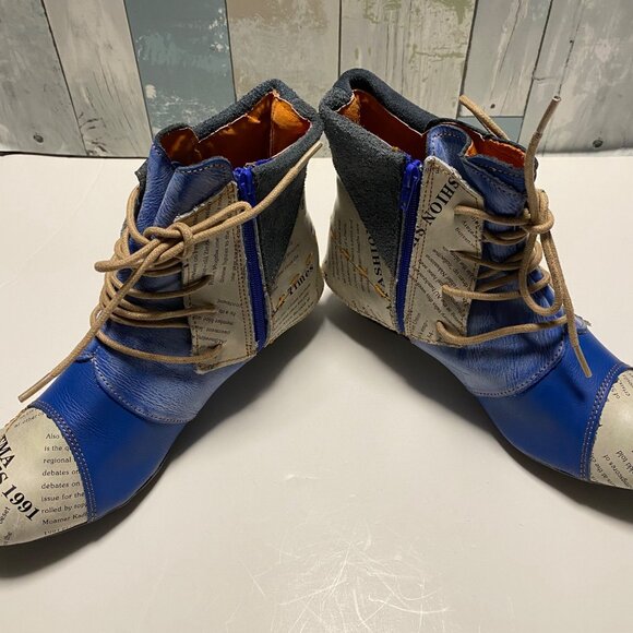 Unique Newspaper Print & Blue PU Leather Ankle Boots Size 9 - Picture 3 of 11